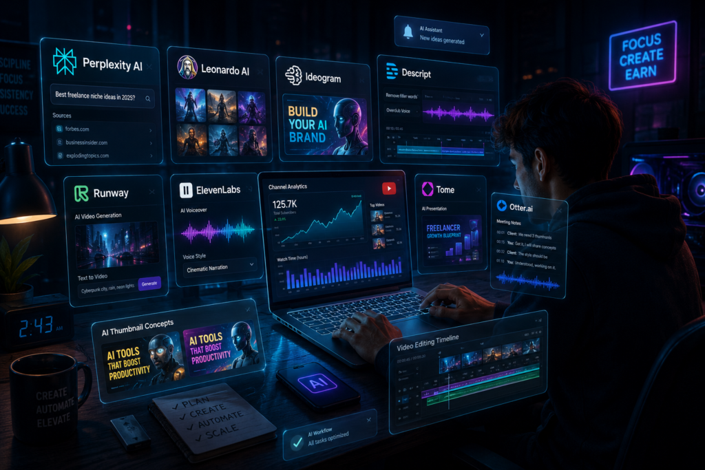 AI tools comparison workspace showing freelancer using AI tools for research, video editing, image generation, and productivity.