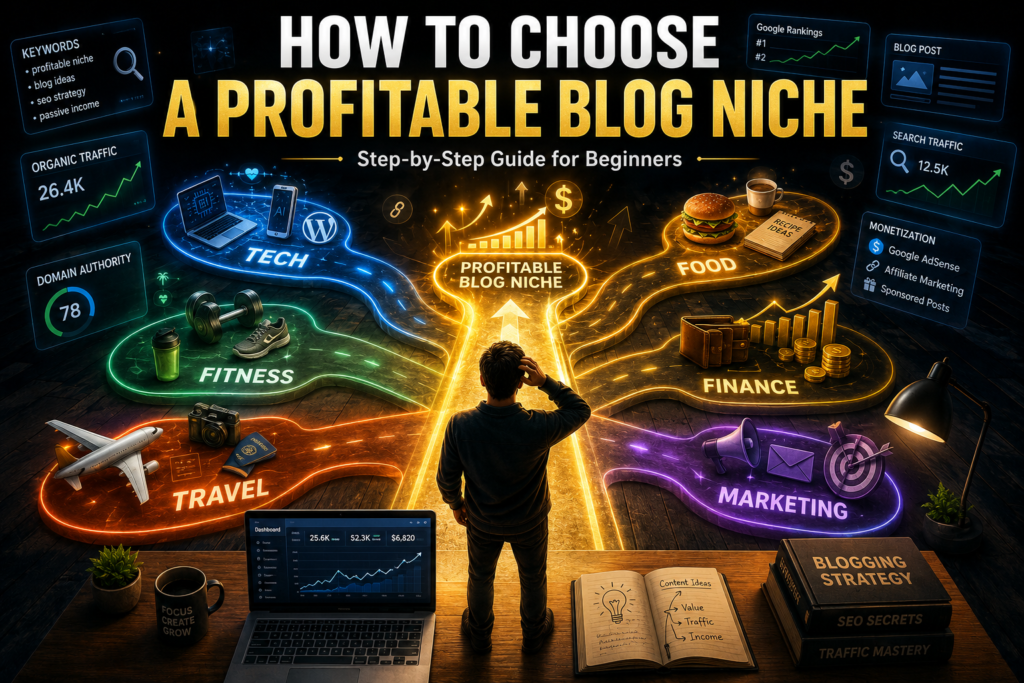 Profitable blog niche selection roadmap showing different blogging niches and the best niche path for making money blogging