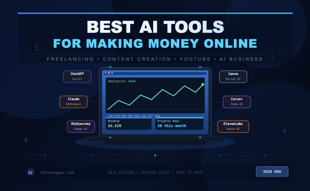 Discover the best AI tools for making money online through freelancing, content creation, YouTube, design, SEO writing, automation, and online business in 2026.