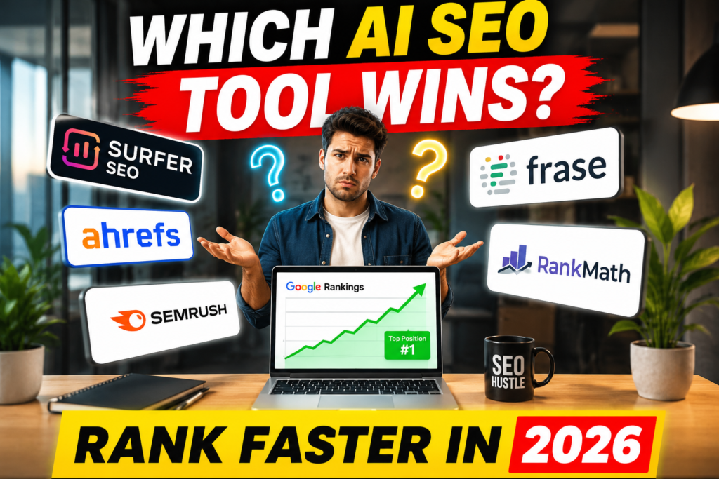 AI SEO tools comparison showing Surfer SEO, Ahrefs, Semrush and other SEO software helping websites rank faster.