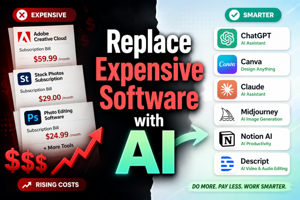 A comparison graphic showing traditional software subscriptions being replaced by modern AI tools such as ChatGPT, Canva, Claude, Midjourney, and Notion AI to reduce monthly business costs.