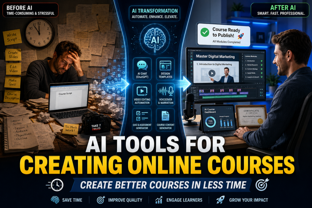 AI Tools for Creating Online Courses helping creators design videos, slides, scripts, and quizzes faster