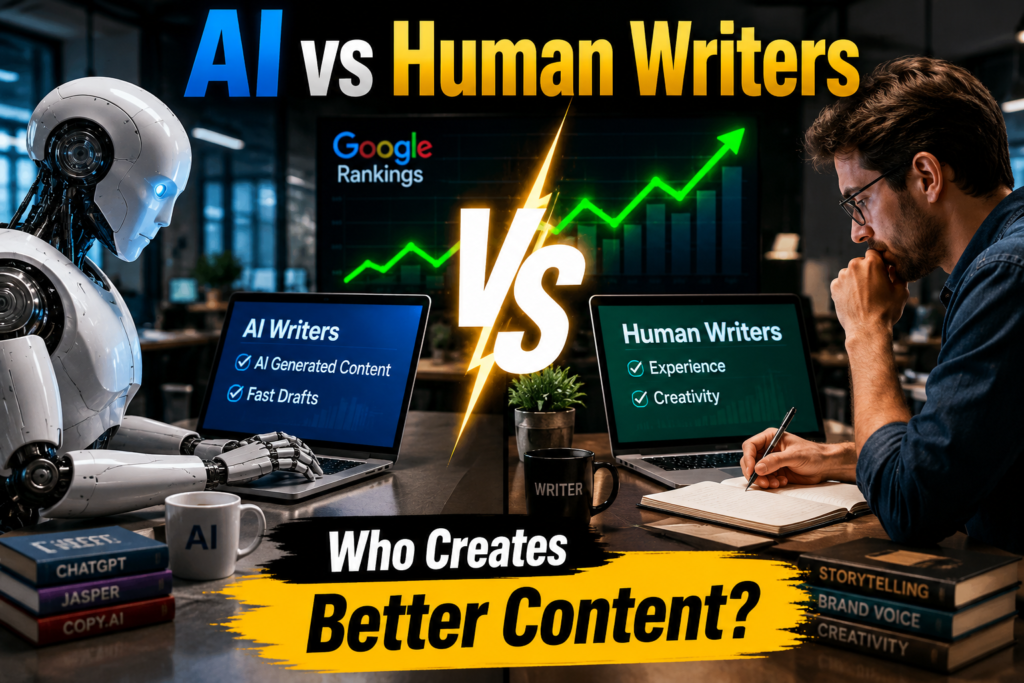 AI vs Human Writers creating content side by side in a real world comparison