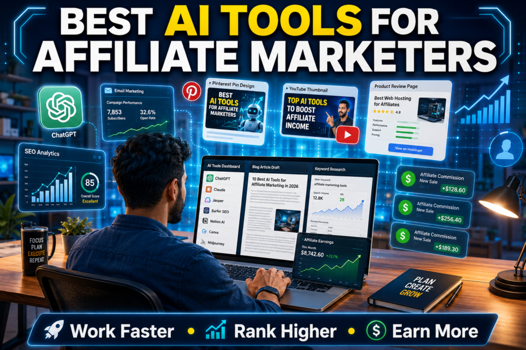 Best AI tools for affiliate marketers including content creation, SEO optimization, keyword research and affiliate marketing workflow in 2026