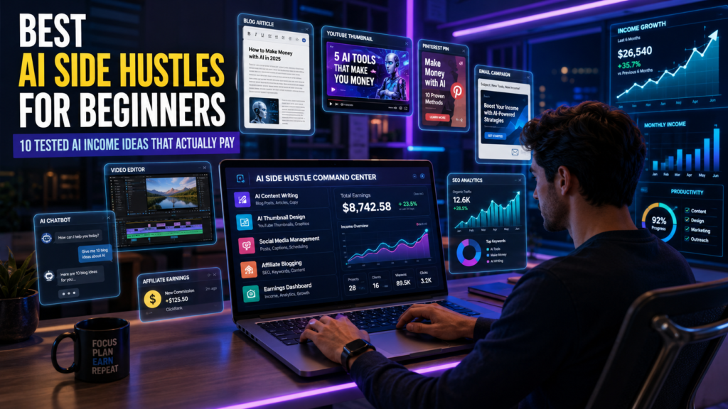 Best AI Side Hustles for Beginners using AI tools for content writing, design, blogging, and freelancing