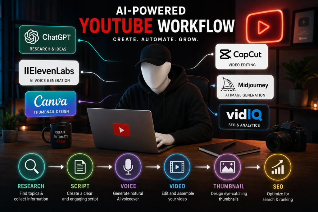 Best AI Tools for Faceless YouTube Channels workflow using ChatGPT, ElevenLabs, Canva, CapCut and VidIQ